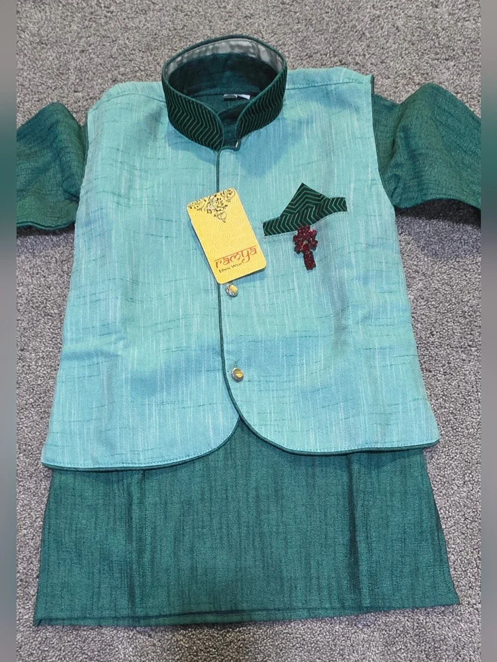 Boys Party Kurta Set, Green. Size: 3-4Yrs